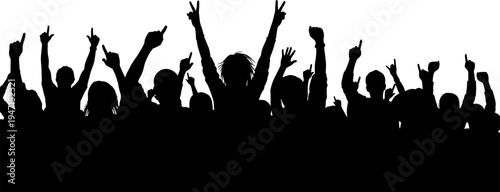 silhouette of a crowd of people with their hands raised in the air  making gestures
