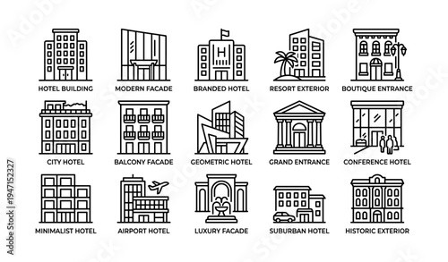 Collection of hotel building icons featuring modern, boutique, and luxury designs