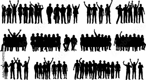 Collection of various groups of people silhouettes in different poses and gestures standing and sitting on white background