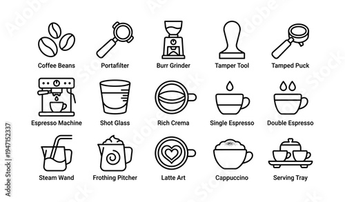 Coffee making tools and icons featuring espresso machine and accessories