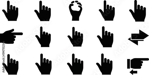 collection of black hand gestures and pointing hands on white background
