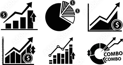 black and white business charts and graphs with arrows and dollar signs