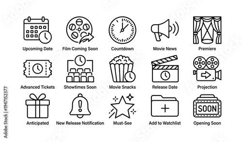 Movie event icons: premiere, countdown, tickets, news, and snacks