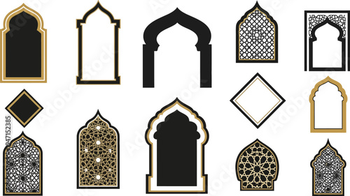 Islamic arch shapes and decorative window frames in gold and black on white background