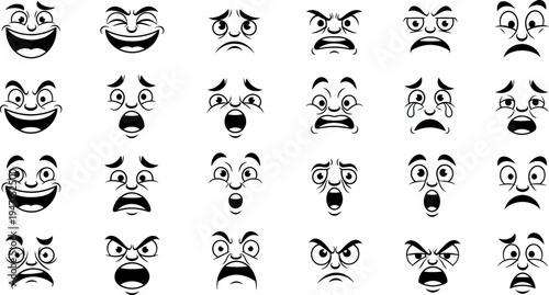Collection of various cartoon faces with different emotions on white background