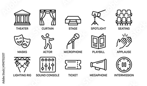 Theater icons: stage, spotlight, masks, and more