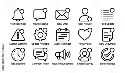 Set of fifteen digital interface icons for notifications and updates