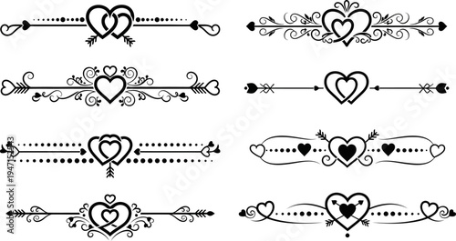 Set of black heart shaped labels with arrows and floral patterns for valentines day