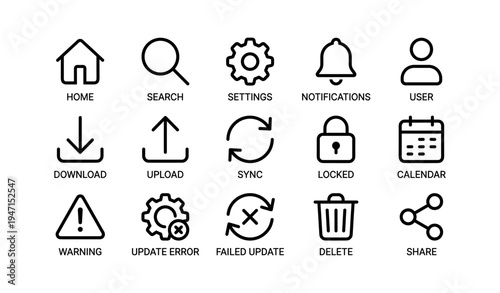 Essential ui symbols: home, search, settings, notifications, user, sync, share