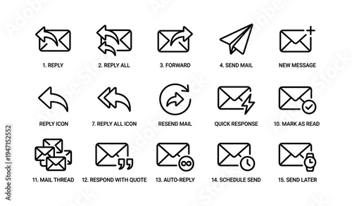 Email icons set: reply, forward, send, schedule, mark read - simple line art