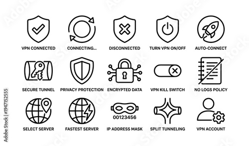 Vpn icons: privacy, security, encryption, connection, protection symbols