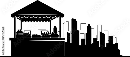 city street food market stall with vendor and urban skyline in silhouette  vendor selling food on city street
