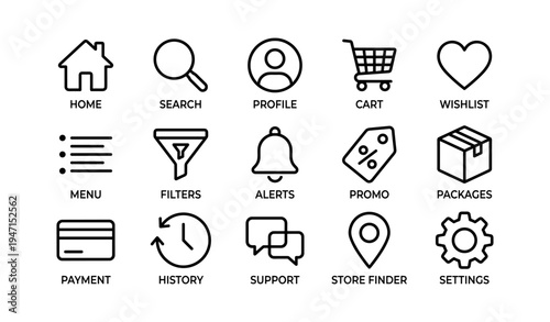 Essential ecommerce icon set: home, cart, payment, settings