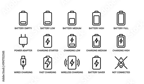 Battery icons set displaying charging levels and connection status