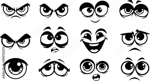 Collection of various cartoon eyes and facial expressions on white background