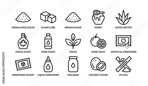 Various sweeteners icons: granulated, brown, honey, stevia, agave, maple, coconut, artificial