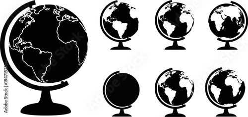 Collection of globe icons in various styles and orientations on white background