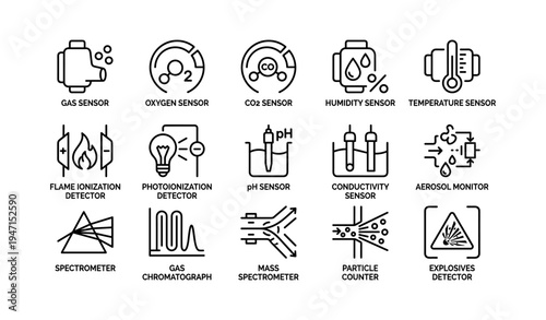 Icons of various sensors and detectors for scientific applications