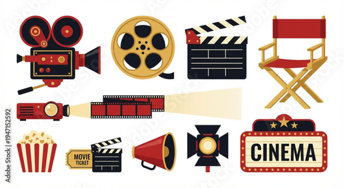 Vibrant collection of essential film and cinema industry elements, featuring classic equipment, popcorn, tickets, and a director's chair, ready for your next creative project
