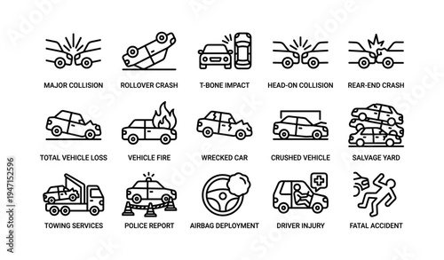 Types of car accidents: collision, rollover, and safety icons