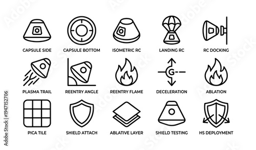 Rocket launch components and mechanisms icon set
