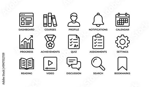 Educational icons set: dashboard, courses, notifications, settings, calendar, search, video, quiz, assignments