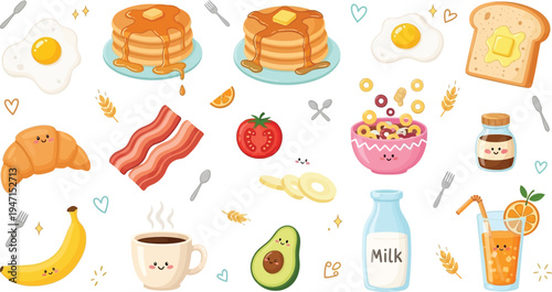 Cute breakfast food illustration set with pancakes eggs milk fruit