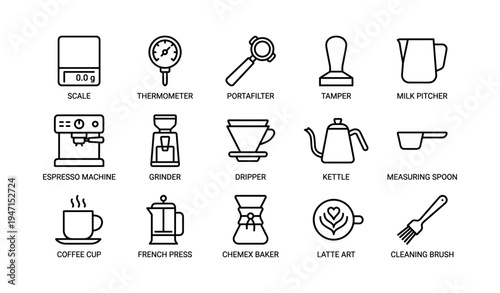 Coffee brewing equipment icons featuring grinder, kettle, and espresso machine