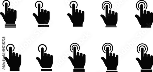 black hand icons pointing with index finger and clicking on circles on white background