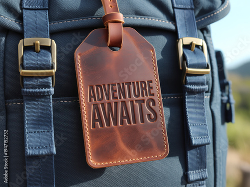 Close Up of Leather Luggage Tag with Adventure Awaits Embossed Text on Blue Backpack with Gold Buckles. Travel and Outdoor Adventure Motivation Concept.