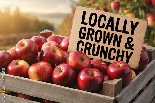 Fresh Red Apples Piled in Rustic Wooden Crate with Locally Grown and Crunchy Sign at Apple Farm. 