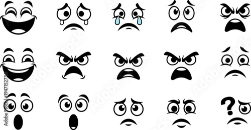Collection of cartoon emoticon faces with various expressions on white background