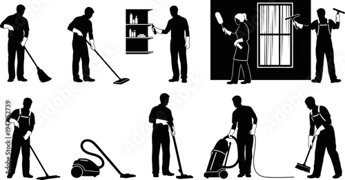 Silhouette illustrations of people cleaning and doing household chores with various tools and equipment