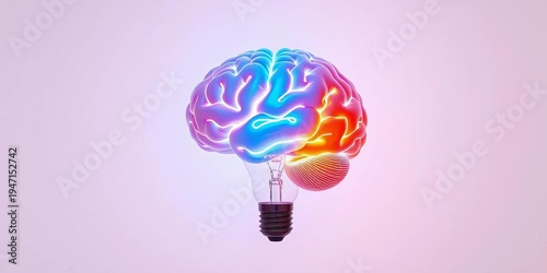 Brain inside glowing lightbulb, white background,  innovation,  psychology