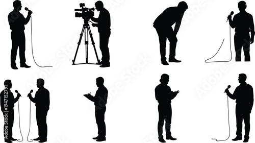 Black vector silhouette set of journalists, news reporters with microphones, and cameramen filming isolated on white background for media concepts,
