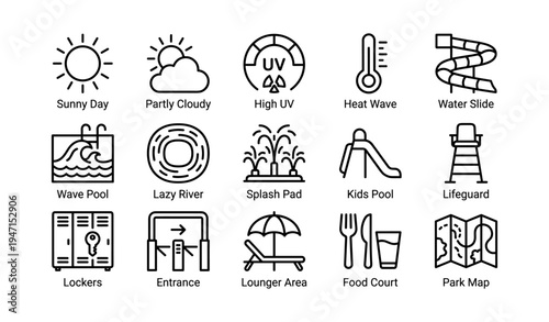 Set of icons representing water park attractions and facilities