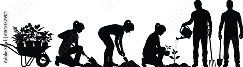 Black vector silhouette set of people gardening, planting trees, watering plants, and using farm tools isolated on white background,
