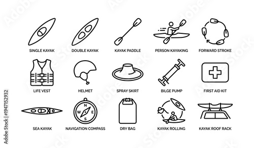 Kayaking gear icons: kayak, paddle, safety equipment, navigation, accessories