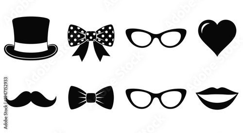 Black vector silhouette set of photo booth props including top hat, mustache, bow ties, glasses, heart, and lips icons,