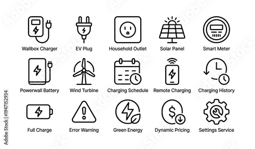 Smart energy icons: solar panel, ev charger, wind turbine, smart meter, battery