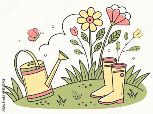 illustration of gardening tools and flowers on green grass with butterfly