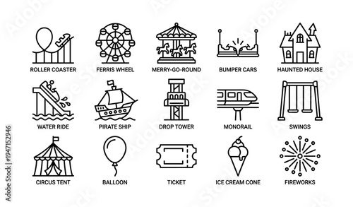 Amusement park attractions icons: rides, games, and fun