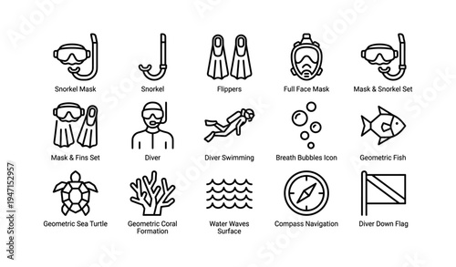 Diving gear icons: snorkel masks, flippers, compass, diver, sea creatures, water symbols