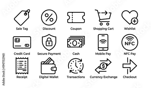 E-commerce icons: sale tag, discount, secure payment, mobile pay, checkout
