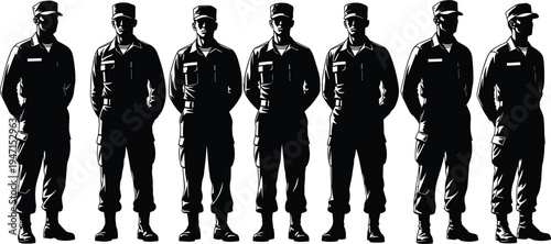 Black vector silhouette set of soldiers in military uniform standing in a row isolated on white background for army concepts,