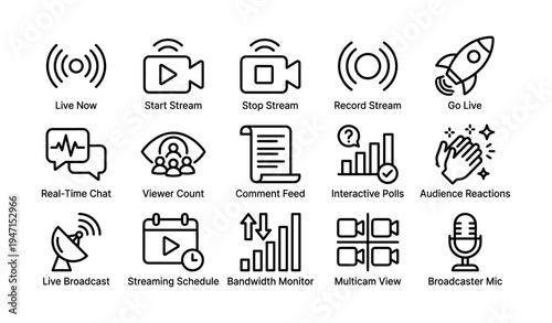 Live streaming icons: broadcast, chat, polls, schedule, reactions