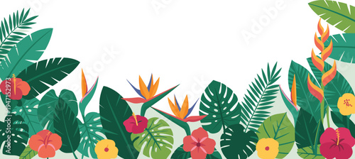 Vibrant tropical floral border with exotic leaves and flowers on white background for design and decoration