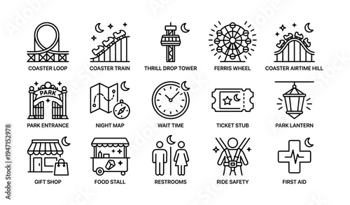 Amusement park icons featuring rides, food, and safety elements