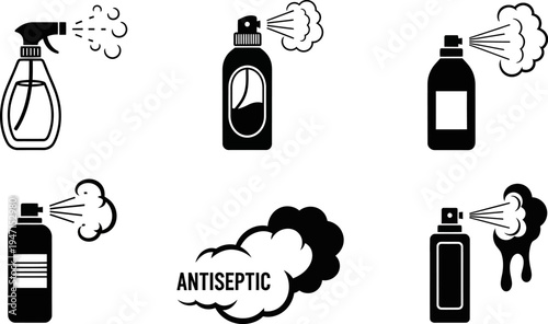 black and white icons of various spray bottles and antiseptic products
