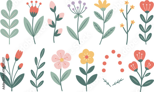 Colorful illustration of various cartoon flowers and leaves on white background for design and decoration